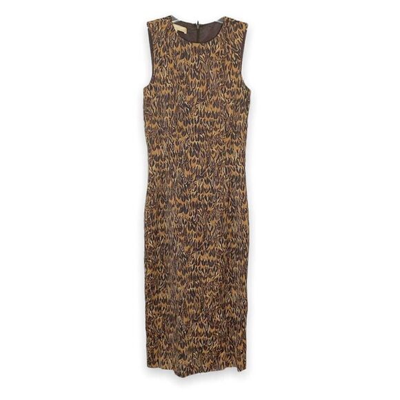 Brown Michael Kors Collection Feather Print Midi Dress Women’s Size 2 Made Italy - Picture 2 of 12